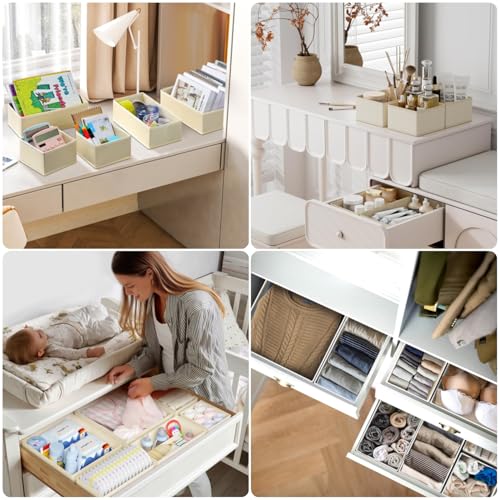 Beauenty Drawer Organizer, 12 Pack Closet Organizers and Storage, Underwear Organizers, Foldable Dresser Dividers, for Underwear, Socks, Clothes, Bras, Pants, Jeans(Beige) (12)