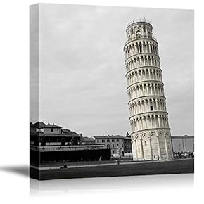 Black and White Photograph of Rome with Pop of Color on The Leaning Tower of Pisa - Canvas Art Home Art - 12x12 inches