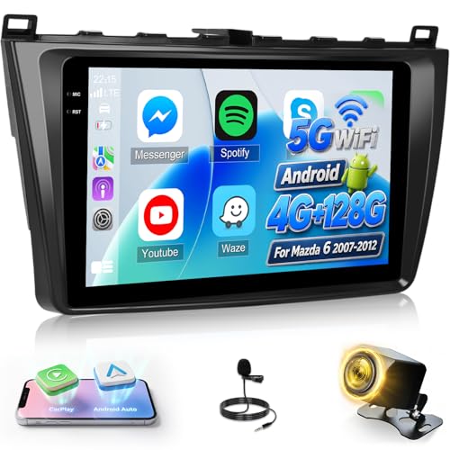 NHOPEEW 4+128G Radio para Coche para Mazda 6 2007-2012 con Carplay Android Auto - Pantalla incell de 9 Pulgadas Compatible con WiFi GPS Control en el Volante+Cámara de Marcha atrás