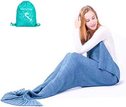 Mermaid Blanket - SENYANG Mermaid Tail Blanket Handmade Crochet Sofa Blankets All Seasons Sleeping Bags Best Choice for Girls Gift Christmas Gift (Adults-Blue)
