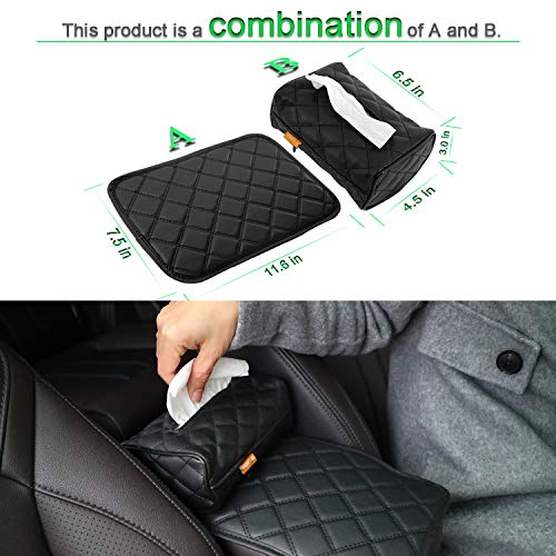 AMEIQ Car Armrest Cushion Pad, Tissue Holder and Paper Napkin Box, Center Console Mat, Seat Box Cover Protector, PU Leather Universal Fit, Black