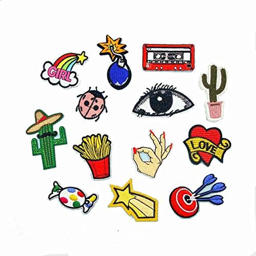 13 Pcs Iron On Embroidered Patch Set -Colorful Rainbow Bomb Eyeball Cactus Insects French Fries Love Finger Candy Patch