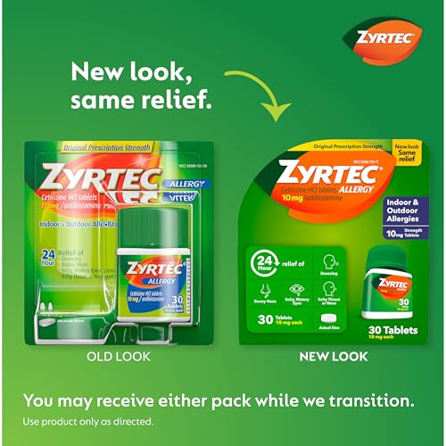 Zyrtec 24 Hour Allergy Relief Tablets, Indoor & Outdoor Anti Allergy Medicine with 10 mg Cetirizine HCl per Antihistamine Tablet, Relief from Runny Nose, Sneezing, Itchy Eyes & More, 30 ct