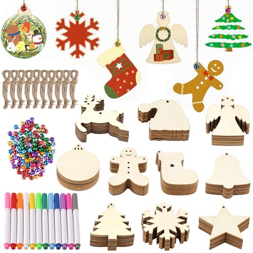 3 otters 100PCS Wooden Christmas Ornaments Set, Christmas Crafts for Kids Adults, with Pre-drilled Hole and Ropes, 100 Bells and 12 Colored Pens, Unfinished Wood Crafts for DIY Xmas Tree Decorations