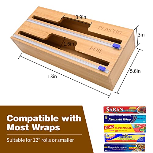 Plastic Wrap Dispenser, 2 in 1 Bamboo Plastic Wrap Dispenser with