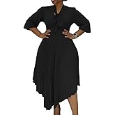 Plus Size Pleated Dresses for Curvy Women Bow Tie V Neck 3/4 Sleeve Irregularly Flowy Midi Church Dress