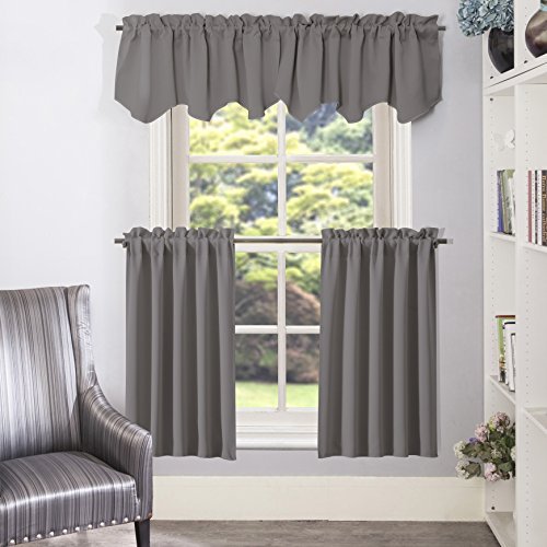Aquazolax Half Window Blackout Curtain Tiers/Valance Rod Pocket Tailored Tier/Valance/Cafe Curtains, 2 Panels, W28 x L36 Inches, Grey