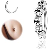 ZS 14G Skull Clicker Belly Button Rings for Women, 925 Sterling Silver Punk Belly Barbell Piercing Reverse Curved Navel Barbell Body Jewelry