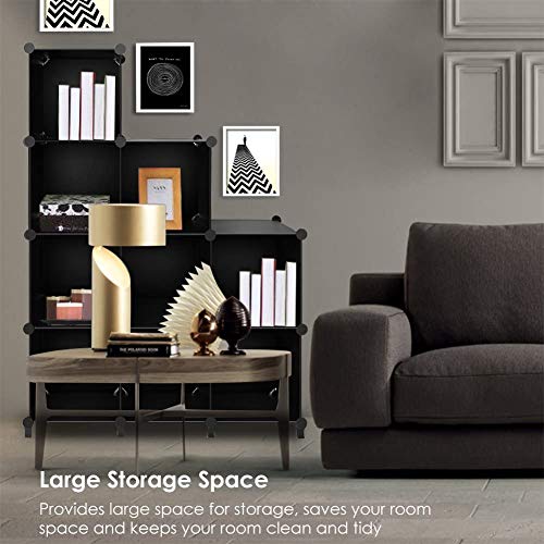 GuanJun Storage Organizer 6 Cubes,Modular Shelves, DIY Plastic Closet Cabinet,Storage Shelves for Bedroom, Living Room, Office, Black with Rubber Hammer (Black, 6 Cube)