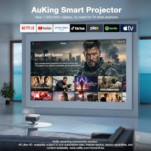 [Now with Netflix & 4000 ANSI] 4K Projector with WiFi and Bluetooth,TOF Real-Time Auto Focus Projector, AuKing Outdoor Movie Home Proyector with Omni-Adjustable Stand(silver grey)