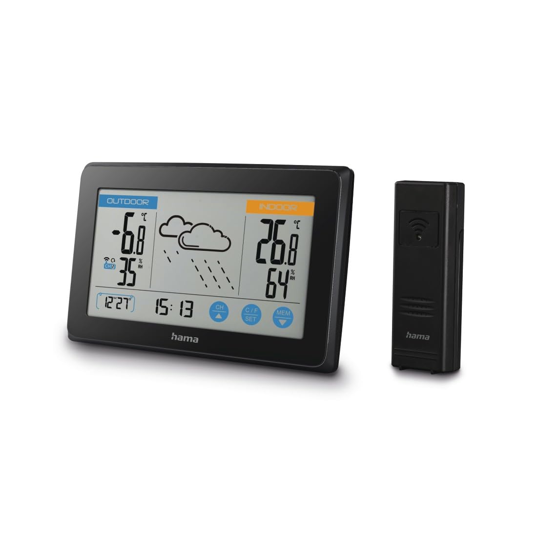 Hama Wireless Weather Station with Outdoor Sensor Touch (with Weather Forecast, Measures Humidity, Indoor and Outdoor Temperature, Thermometer, Hygrometer, DCF Radio-Controlled Clock, Date) Black