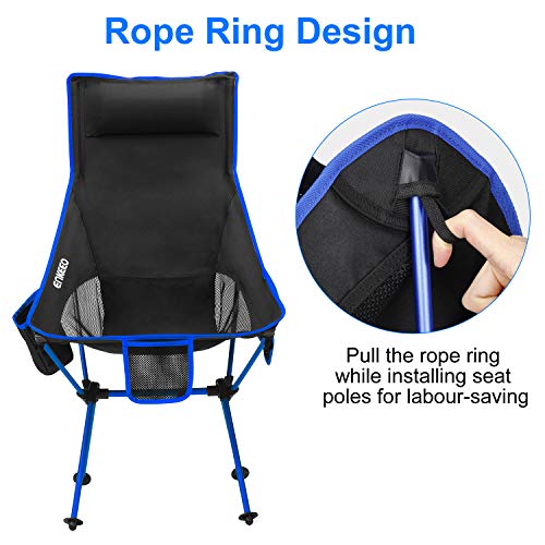 ENKEEO Camping Folding Chair Portable Lightweight Mesh Seat with 330 lbs Capacity, Built-in Pillow, 3 Pockets, Backrest and Carry Bag for Backpacking, Fishing, Hiking, Picnic, Travel and Beach - Blue