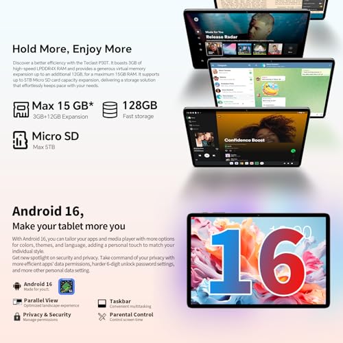 TECLAST P30T Android 16 Tablet 10.1 Inch 120Hz Tablets Gemini AI, 15GB RAM+128GB ROM(TF 5TB), 2GHz Octa-Core, 5G WiFi/Widevine L1/GPS/6000mAh, Tablet with Keyboard+Case+Pen+Mouse, 10 Accessories