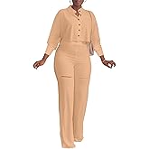 Ophestin Women 2 Piece Outfits Dressy Batwing Sleeve Button Down Crop Top Cut Out Wide Leg Pant Matching Tracksuit Sets