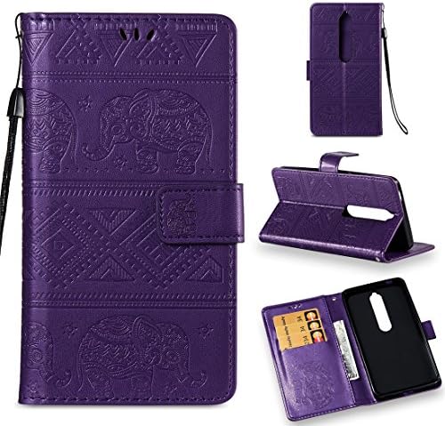 Nokia 6.1 Case, Nokia 6 2018 Case, Love Sound [Wrist Strap] [Stand Function] Premium Emboss Elephant PU Leather Wallet Flip Protective Case Cover with Card Slots for Nokia 6 2018 - Purple