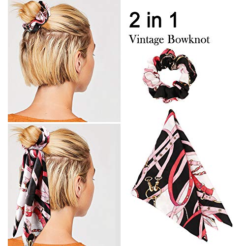 Cubaco Hair Scrunchies Bowknot-Silk Satin Vintage Elastics Scarf Hair Ties with Flower Pattern, Hair Bands Scrunchy Hair Rope Ties Hair Bow Ponytail Holder Accessories for Women Girls