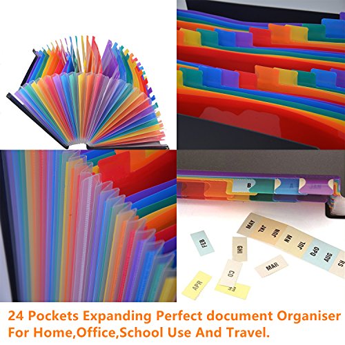 24 Pockets Expanding File Folder with Labels,A4 Size Colorful file organizer Plastic Business File Organizer Box Portable Desktop Business Paper Document Holder Wallet for Office School Host