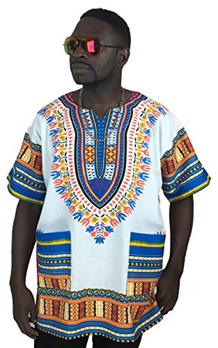 Dashiki Shirt African Top Clothing Kaftan White and Lightblue New L