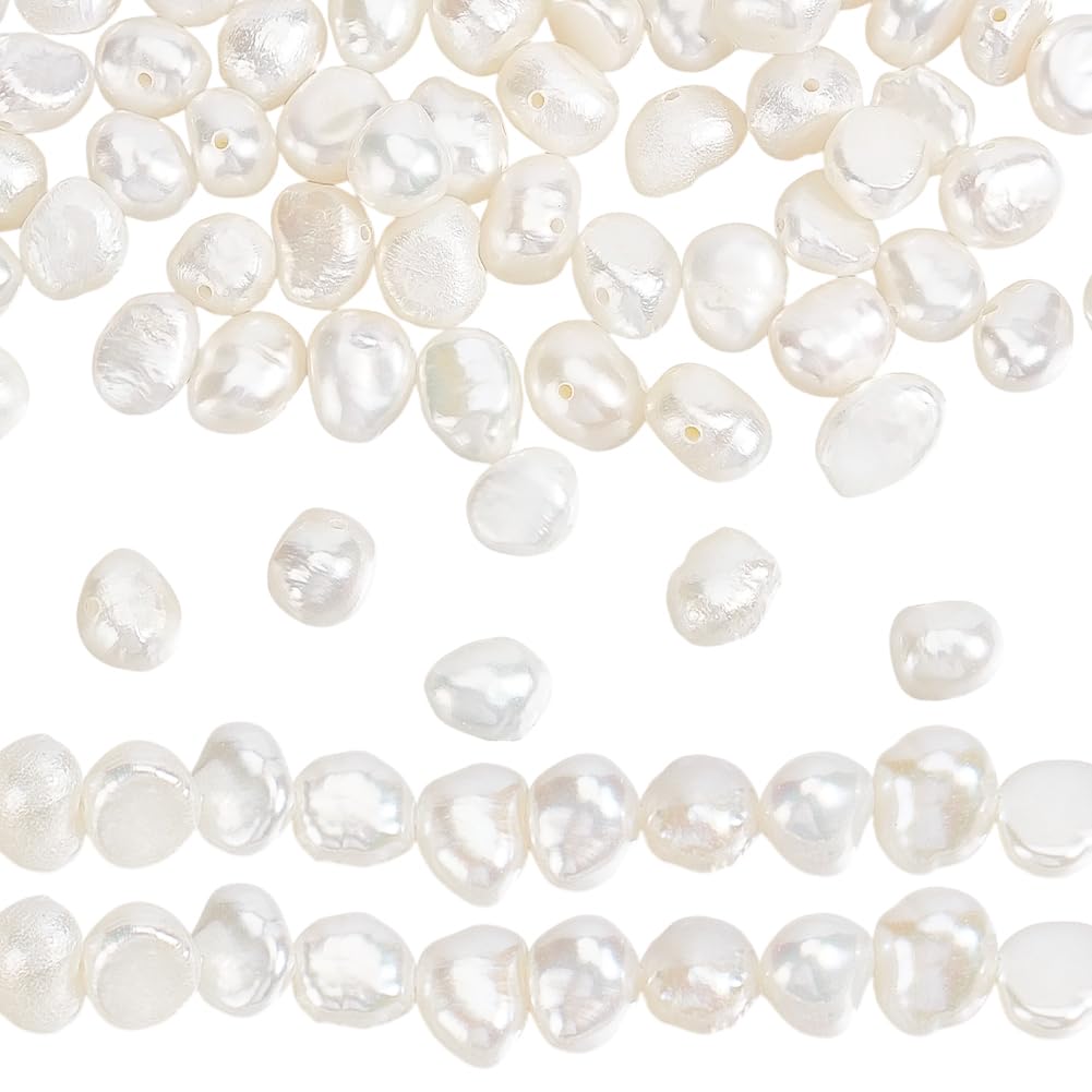 GOMAKERER About 63 Pcs Natural Pearl Beads 5mm, Creamy White Freshwater Cultured Pearl Bead Shiny Two Sides Polished Irregular Pearls for Jewelry Making 1 Strand (0.6mm Hole)
