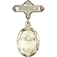 14kt Yellow Gold Baby Badge with Baptism Charm and Godchild Badge Pin 1 1/8 X 5/8 inches