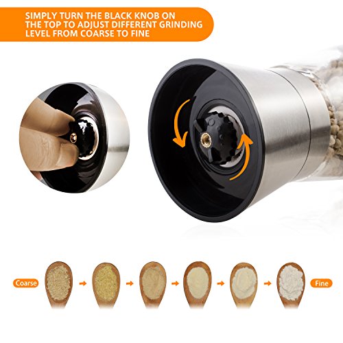 OTBBA Premium Salt and Pepper Grinder Set of 2 - Brushed Stainless Steel Mill Set, Adjustable Coarseness Salt and Pepper Mill Shakers with 6 oz Glass Body
