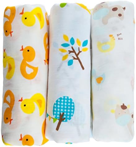 Snuggie Buggies Organic Muslin Cotton Baby Swaddle Blankets, 47”x47” (3 Pack) – Bright Colors and Animals Collection