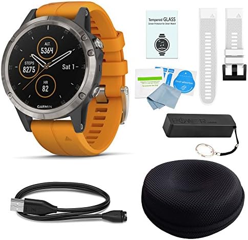 Garmin Fenix 5 Plus Sapphire Titanium w/Solar Flare Orange Band & White Band Deluxe Bundle