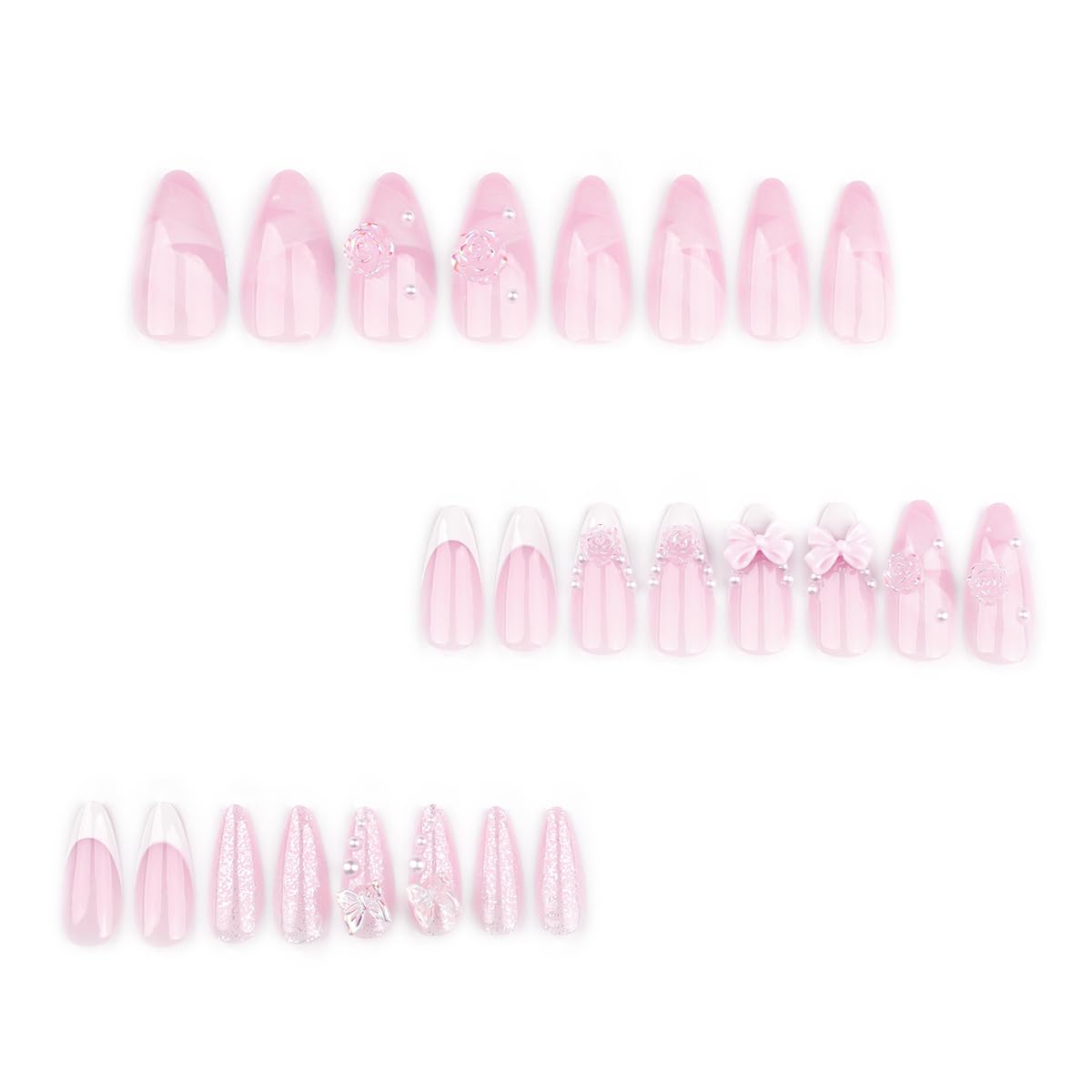 24Pcs Almond Press on Nails Medium French Tip Fake Nails Nude Pink Glue on Nails 3D Bow Pearl Flower Nail Kit False Nails with Ribbon Design Glitter Luxury Acrylic Nail Art Supplies for Women - Image 4