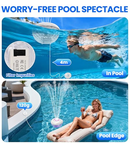 Luxfero 3 en 1 Enceinte Picsine avec Fontaine & Lumière,Enceinte Bluetooth Piscine Étanche IP68,Enceinte Flottante, Haut Parleur Bluetooth Puissant,Stéréo HD,BT5.4,24H Fontaine Piscine Rechargeable