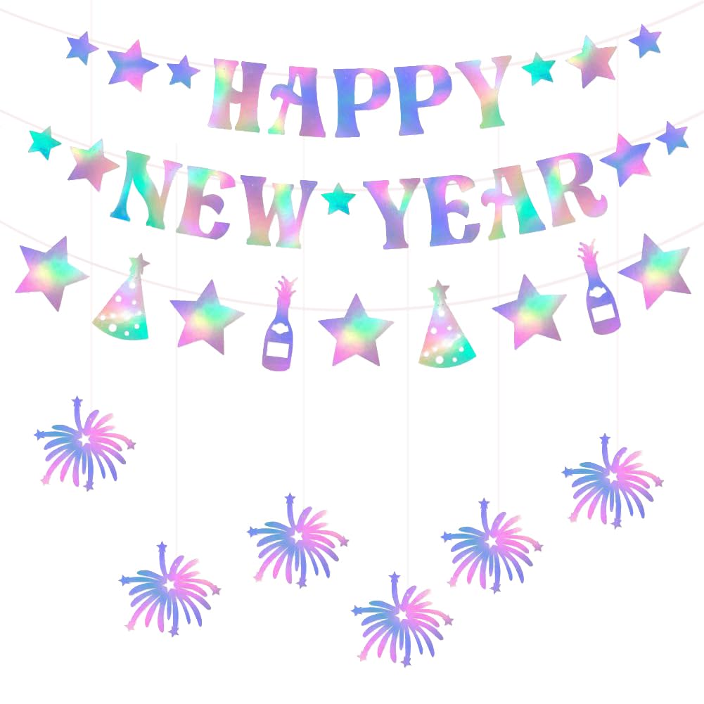 Happy New Year Bunting Iridescence Banner for 2024 New Years Eve Party Decoration,Holographic Firework Hanging Glitter Bunting Garland Silver Star Banner 2024 New Years Disco 80s 90s Party Supplie
