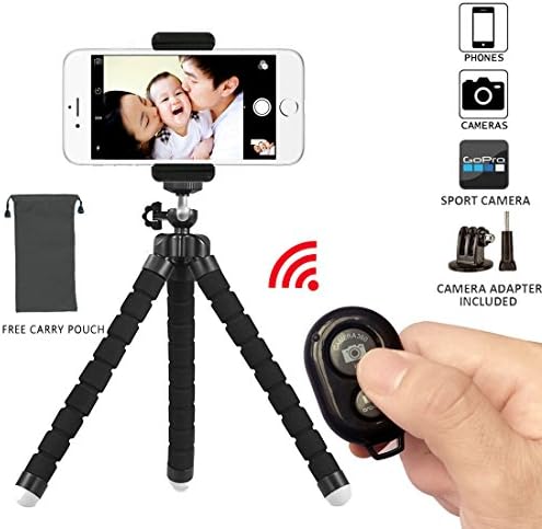 Phone Tripod, Flexible Mini Phone Stand with Bluetooth Camera Remote, Portable and Adjustable Camera Stand Holder with Remote and Universal Clip for iPhone, Android Phone, Camera, Sports Camera