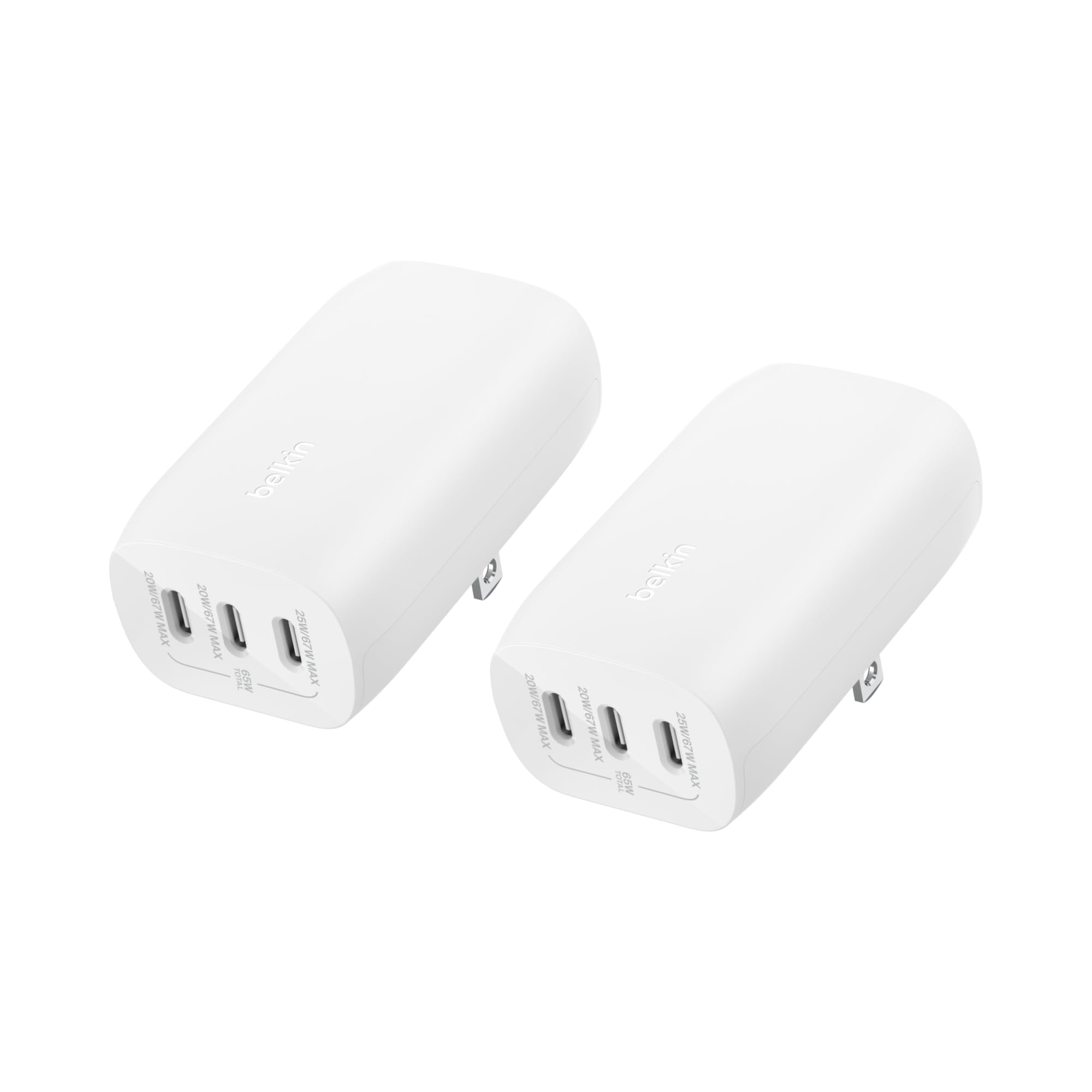 Belkin 3-Port USB C Charger Block 67W - PPS USB-C PD3.1 PPS Super Fast Charging - Samsung Galaxy S25, Apple iPhone 17, Air, Pro, MacBook, AirPods, Apple Watch, Nintendo Switch 2 & More - White, 2-Pack