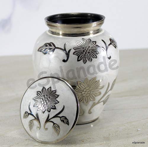 eSplanade Mother of Pearl Brass Cremation urn Memorials urns Container Jar Pot | Brass Urns | Metal Urn | Burial Urn | Memorial Urn (White)