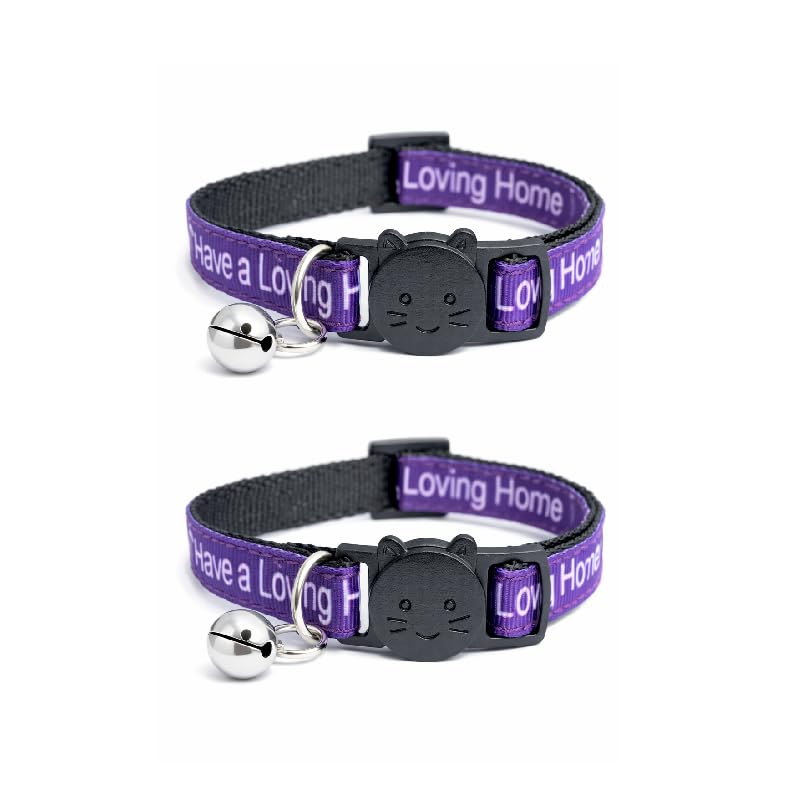 Worded Cat Collars – Please Do Not Feed Me, I Am Microchipped | Safe Quick Release Breakaway Buckle | Zacal Cat Collars (Pack of 2, Purple, I Have A Loving Home)