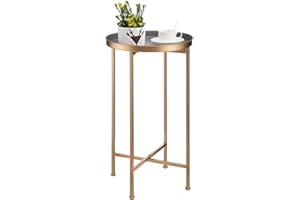 HollyHOME Small Round Metal Waterproof End Table, Accent Indoor&Outdoor Coffee Side Table, Snack Sofa Table for Living Room, Anti-Rust Decorative Plant Stand, (D) 14.5" x (H) 25", Gold/Grey