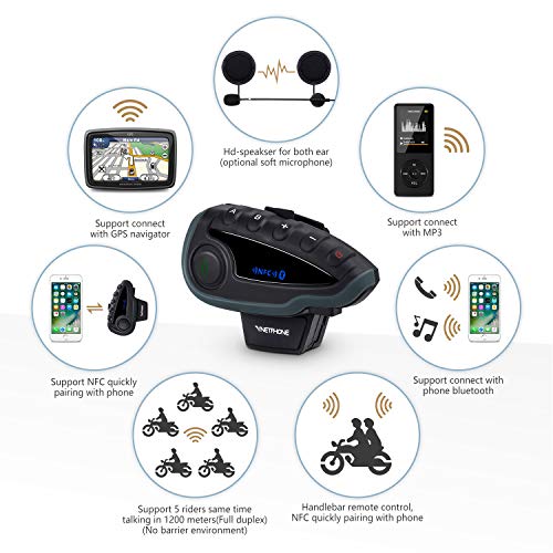 V8S 5 Riders Helmet Intercom Systems with Advanced Noise Cancellation and Remote Control Handle,Motorcycle Bluetooth Headset with FM Radio and NFC Call Answer Reject,Range up to1200M - Thumbnail 2