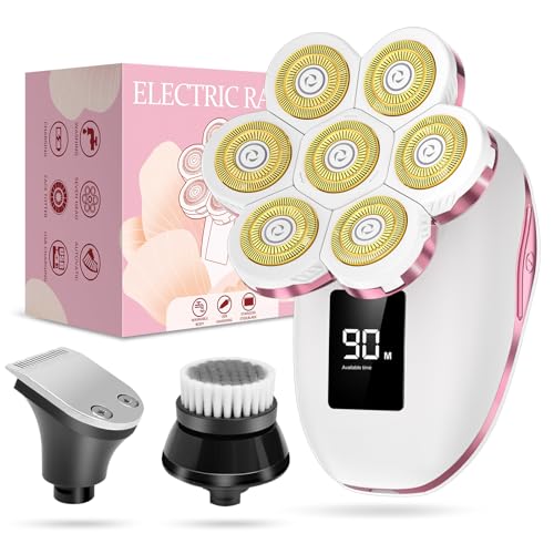 3-in-1 Electric Razors for Women, 7D Hypoallergenic Blades, Painless Shaver | With Facial Brush & Trimmer, IPX7 Waterproof Wet & Dry, USB-C Fast Charge, LED Display, For Face, Legs, Arms and Bikini Area
