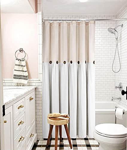 Reisen Linen Farmhouse Shower Curtain Button Beige and White Shower Curtains for Bathroom, 72\