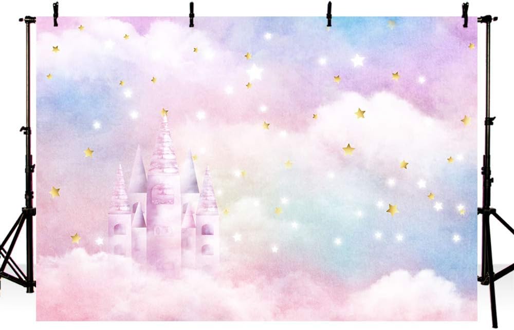 MEHOFOND 7x5ft Dreamy Rainbow Castle Party Background Girl Colorful Clouds Gold Star Princess Photography Backdrop Photo Shoot Decor Banner Portrait Photo Booth Props Supplies