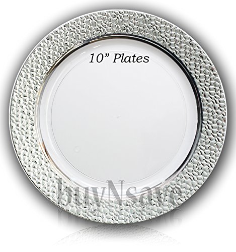 buyNsave Clear with Silver Heavyweight Plastic Elegant Disposable Plates, Wedding Party Elegant Dinnerware, Hammered Collection (40, 10.25