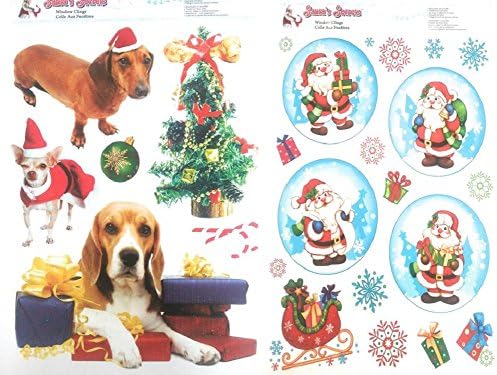 2 CHRISTMAS Dog &amp; Santa Glitter Window Clings Bundle Large Visible from Both Sides Reusable Great Value