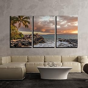 3 Piece Canvas Wall Art - Tropical Seascape with Palmtree and Clear Sea - Modern Home Art Stretched and Framed Ready to Hang - 16"x24"x3 Panels