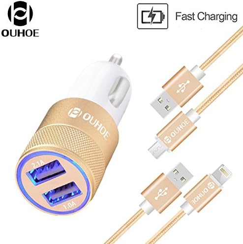 OUHOE Dual USB Car Charger 5V 2.1A +Nylon Braid 5.0 Micro USB Cable + 3.3ft Lightning to Cable or iPhone 7/6s / 6 / 6 Plus, iPad Air 2 / mini 3, Samsung s7,HTC