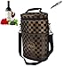Vina 2 Bottle Wine Tote Bag, Insulated Wine or Beer Cooler Carrier Case with Shoulder Strap + Free Corkscrew, Brown Grid Wine Gift Bag for Travel and Picnic, Black