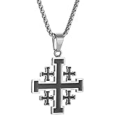 LUUDYOTU Jerusalem Cross Necklace, Crusader Templar Cross Pendant Necklace, Stainless Steel Cross Biker Necklace for Men Women