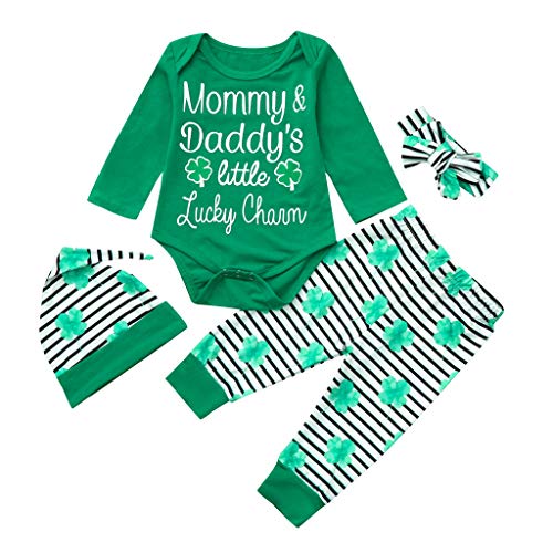 4Piece Infant Toddler Newborn Baby Boy Girl Outfits Set, Letter Romper Pants St. Patrick's Day Hat Headband Clothes Suit Green