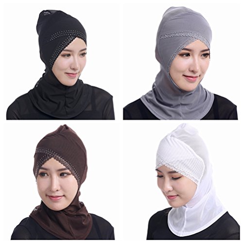 Ksweet 4pcs Hijab Caps Stretch Underscarf Women Hijab Bonnet with Hot-fix Rhinestones (Black-Grey-Coffee-White)