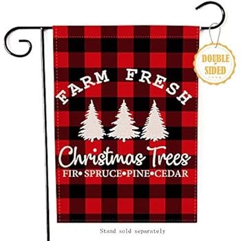 Hzppyz Farm Fresh Christmas Trees Garden Flag, Home Decorative Xmas Outdoor Flag Sign Buffalo Check Plaid, Rustic Burlap Farmhouse Yard Flag Vintage Winter Outside Decoration Home Decor Flag 12.5 x 18