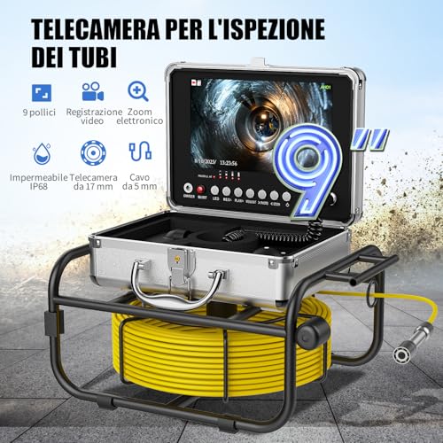 ESANHAO Inspection Camera Pipes 30 Metres 9 Inches Monitor DVR Recording Camera Inspection Pipe, IP68 Endoscopic System Industrial Video Inspection of Sewer Pipe Exhaust with 8pcs LE
