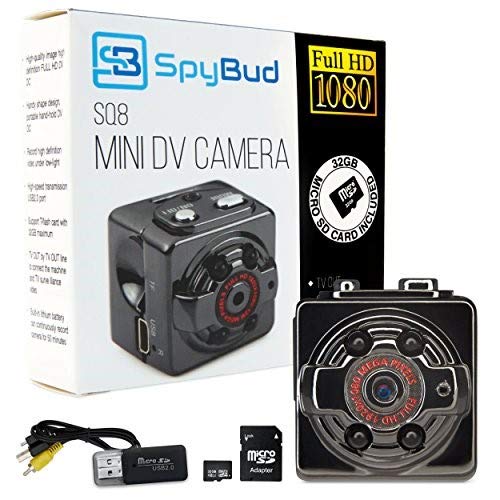 Spy Bud HD Hidden Mini Spy Camera SQ8 - Portable Motion Detection - Night Vision - 1080P - with 8GB SD Card, Memory Card Adapter & Card Reader